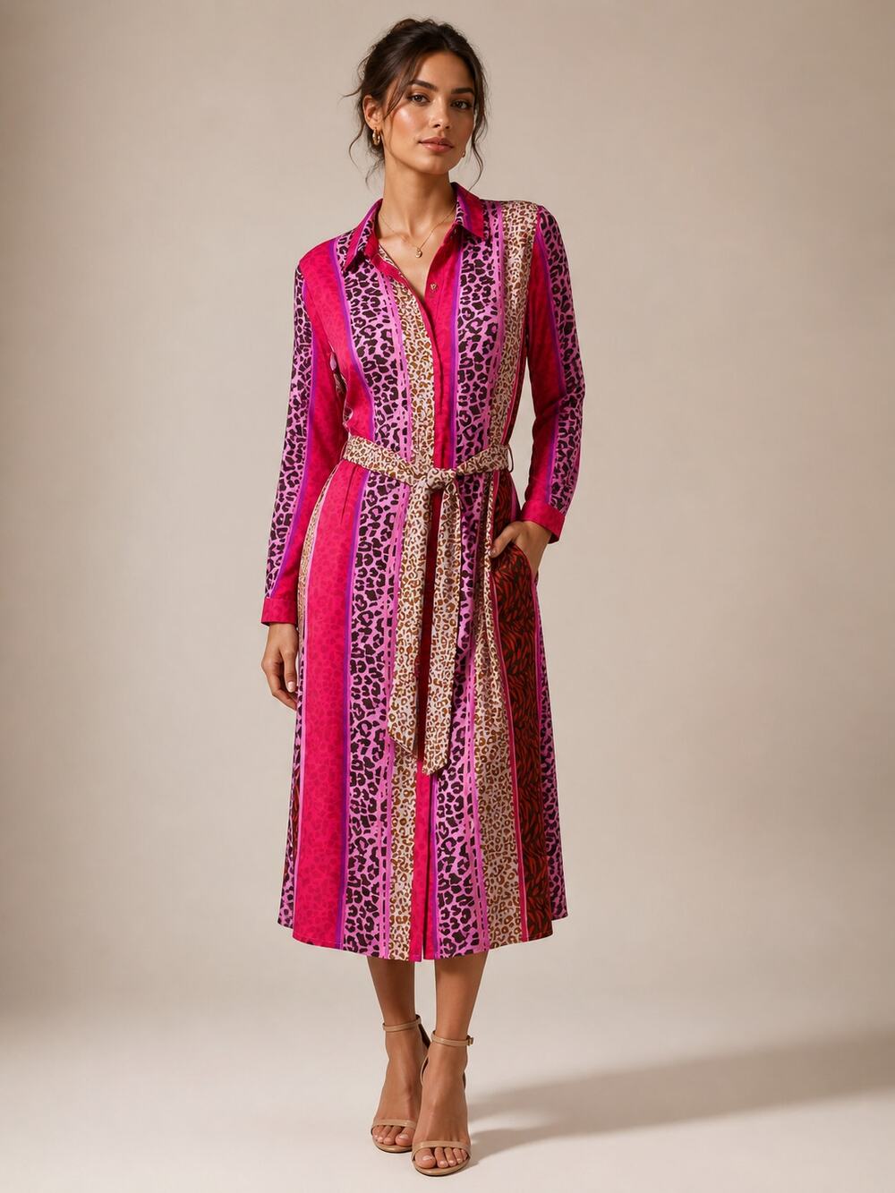 Anthropologie Blank London Renela Shirt Dress Pink Leopard Print Belted Size 4